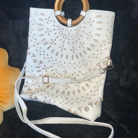 None Handbags - White Crossbody Bag with Intricate Cutout Design